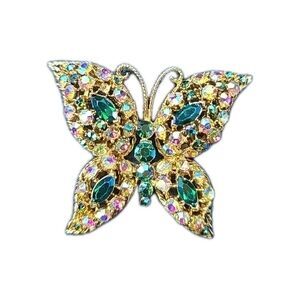 VTG Rhinestone Butterfly Brooch Silver Gold Tone Aurora Borealis Butterfly Gift